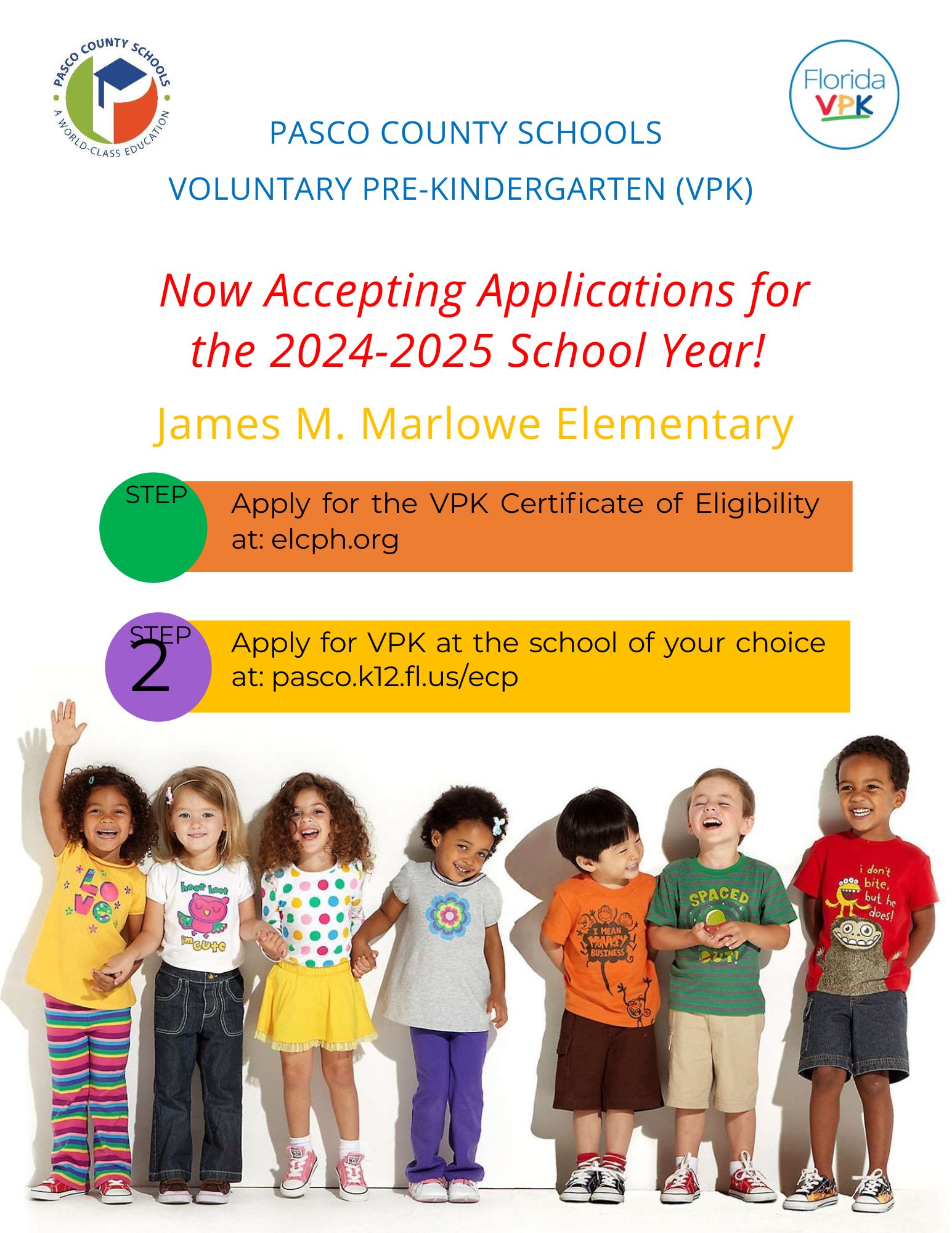 PASCO COUNTY SCHOOLS VOLUNTARY PRE-KINDERGARTEN (VPK) Now Accepting Applications for 2024-2025 School Year! | James M. Marlowe Elementary School PASCO COUNTY SCHOOLS VOLUNTARY PRE-KINDERGARTEN (VPK) Now Accepting Applications for 2024-2025 School Year! | James M. Marlowe Elementary School